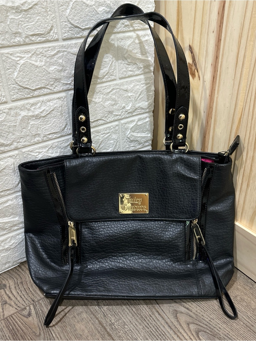 NWOT Juicy Couture Black Soft Faux Leather Double Zipper Tote Shoulder Bag